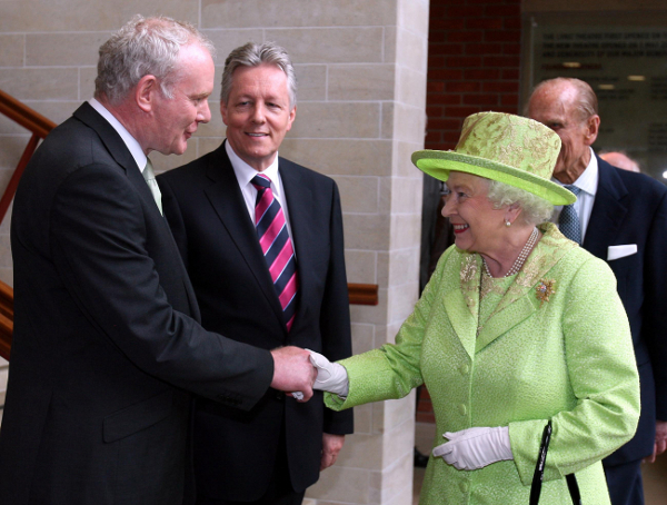 Queen Elizabeth II shakes hands with Northern Ireland Deputy First Minister Martin McGuinness in 2011
