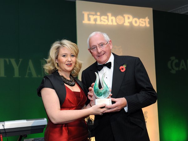 Karen Hennessy with Laing O'Rourke Executive Chairman Ray O'Rourke, who took the Outstanding Contribution to Business Award 