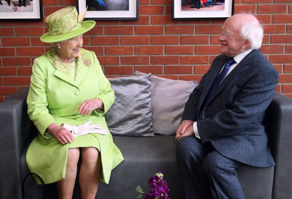 Queen Elizabeth II met President Michael D. Higgins during a visit to the Lyric Theatre in Belfast on June 27, 2012 