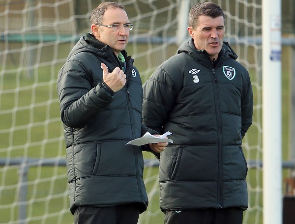 Martin O'Neill and Roy Keane on the Ireland training pitch in Malahide yesterday