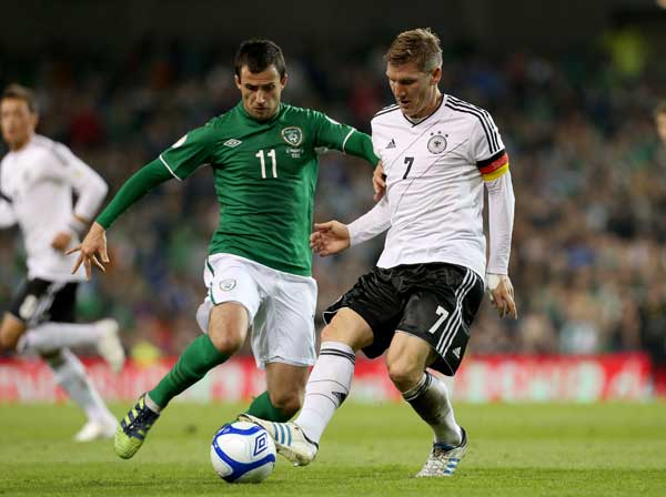 Fahey in action for Ireland against Bastian Schweinsteiger of Germany ©INPHO/Ryan Byrne