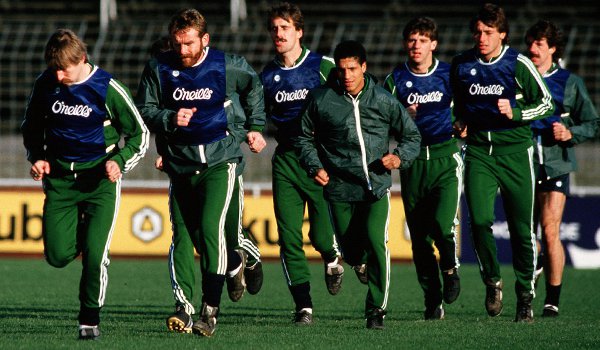 From L to r: Ireland's Pat Byrne, Tony Grealish, Mick McCarthy, Chris Hughton, Jim Beglin, Michael Robinson and Mark Lawrenson training in 1984