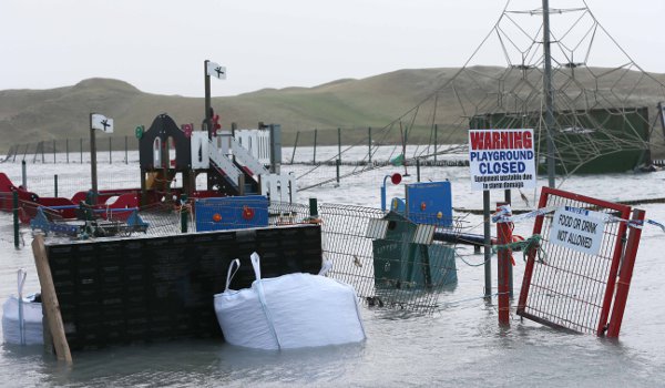 The playground at the promenade was closed after it was battered by high waves.