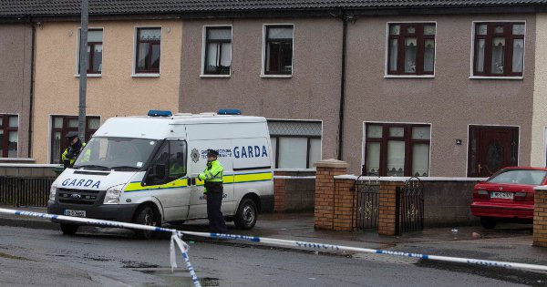Gardai at the scene where John Gilligan was shot in a gangland shooting in West Dublin on Saturday