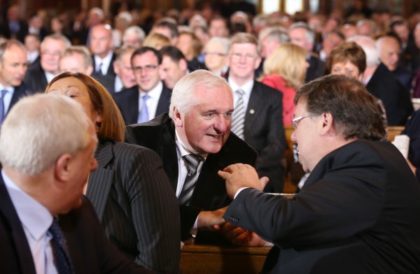 Former taoiseach Bertie Ahern and Brian Cowen greeting at the Church of the Sacred Heart in Donnybrook for the removal of of former Taoiseach Albert Reynolds. (Photocall Ireland/GIS)