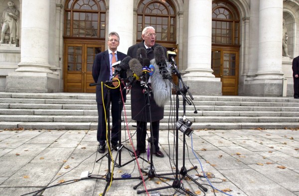 Democratic Unionist Party Leader, Ian Paisley and Deputy Leader, Peter Robinson outside Government Buildings in 2004 after their meeting with the Taoiseach. 