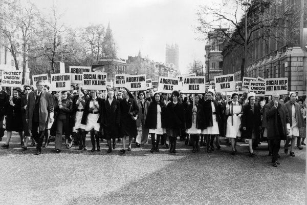 Nurses leading marchers at an anti-abortion rally in 1974 in London. Picture:  Keystone/Getty Images