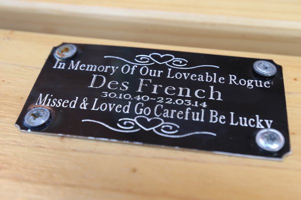 The plaque on bench donated to Whipps Cross Hospital