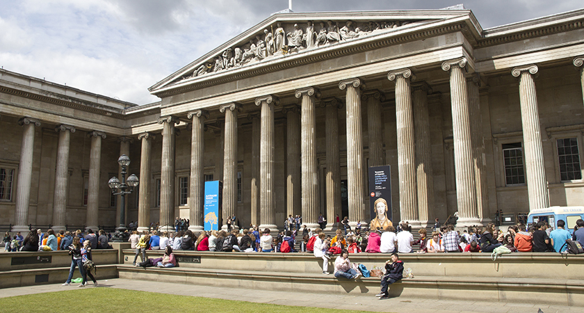 London, UK - July 23, 2011: Visitors at the entrance of the British Museum in London, UK on July 23, 2011.