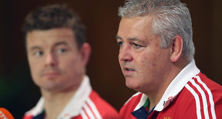 BRISBANE, AUSTRALIA - JUNE 09: Warren Gatland, (R) the Lions head coach and match captain Brian O'Driscoll face the media during the British and Irish Lions media session held at the Tattersalls Club on June 9, 2013 in Brisbane, Queensland, Australia. (Photo by David Rogers/Getty Images)