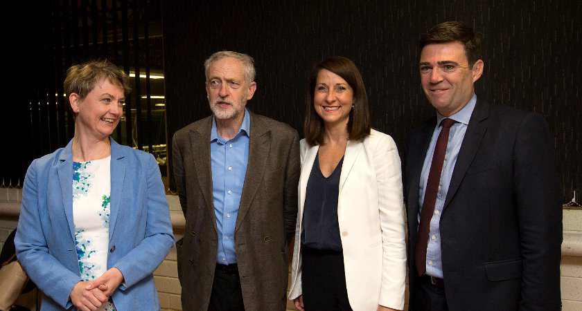 STEVENAGE, ENGLAND - AUGUST 25: Labour leadership candidates (L-R) Yvette Cooper, Jeremy Corbyn, Liz Kendall and Andy Burnham pose for a photograph ahead of a radio hustings on August 25, 2015 in Stevenage, England. Candidates are continuing to campaign for Labour party leadership with polls placing left-winger Jeremy Corbyn in the lead. Voting is due to begin on the 14th of August with the result being announced on the 12th of September.  (Photo by Carl Court/Getty Images)