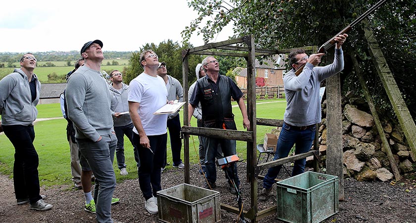 2015 Rugby World Cup, Ireland Rugby Down Day, Doveridge Clay Pigeon Shooting Centre, Derbyshire, England 24/9/2015 Ireland's Peter O'Mahony, watched by Devin Toner, Paul O'Connell, Jared Payne, Darren Cave, Jamie Heaslip and Robbie Henshaw, clay pigeon shooting during a down day today Mandatory Credit ©INPHO/Dan Sheridan