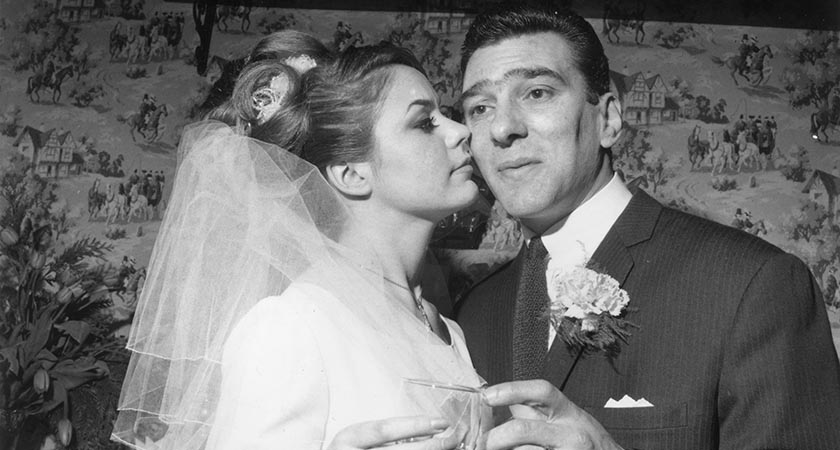 April 1965:  Reginald Kray, one of the infamous Kray twins, celebrates his marriage to Frances Shae at Bethnal Green, London.  (Photo by Express/Express/Getty Images)