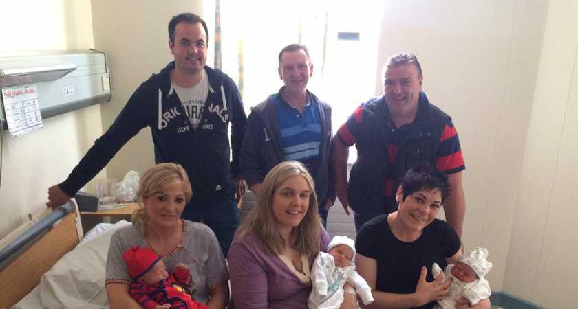 Sisters Mairéad, Joeline and Bernie with Thomás Óg, Sorcha and Phelim and their proud daddies. Picture courtesy of RTÉ