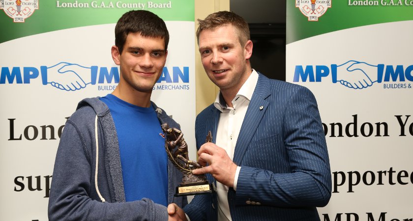 Tomás Ó Sé  with London U18 Player of the Year Ciaran Healy of St Kiernans