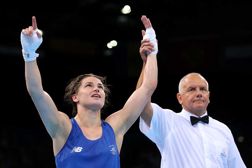 Baku 2015 European Games, Crystal Hall, Baku, Azerbaijan 27/6/2015 Women's Light 57 - 60kg Final Ireland's Katie Taylor (Blue) is declared the winner against Estelle Mossely (Red) of France Mandatory Credit ©INPHO/Ryan Byrne