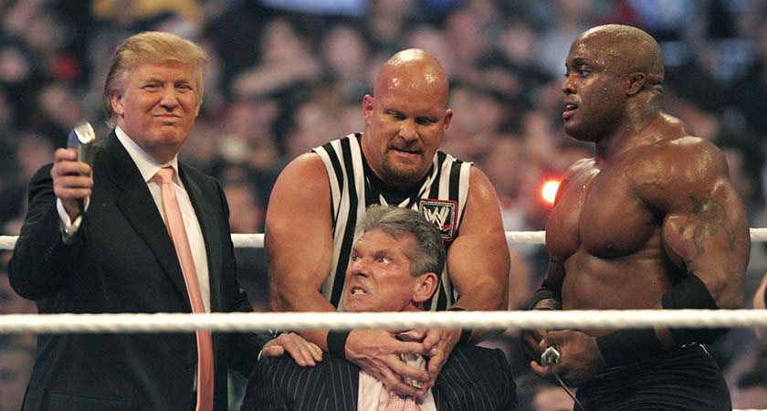 DETROIT - APRIL 1: WWE chairman Vince McMahon (C) prepares to have his head shaved by Donald Trump (L) and Bobby Lashley (R) while being held down by ''Stone Cold'' Steve Austin after losing a bet in the Battle of the Billionaires at the 2007 World Wrestling Entertainment's Wrestlemania at Ford Field on April 1, 2007 in Detroit, Michigan. Umaga was representing McMahon in the match when he lost to Bobby Lashley who was representing Trump. (Photo by Bill Pugliano/Getty Images) *** Local Caption *** Vince McMahon;Donald Trump;Bobby Lashley;Steve Austin