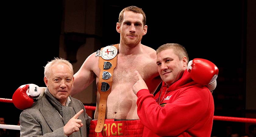 LIVERPOOL, ENGLAND - JANUARY 21:  David Price celebrates after his victory over John McDermott with Frank Maloney (L) during their British and Commonwealth Heavyweight Title Eliminator at Liverpool Olympia on January 21, 2012 in Liverpool, England.  (Photo by Scott Heavey/Getty Images)