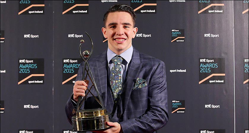 2015 RTÉ Sports Awards, RTÉ Studios, Dublin 19/12/2015 ***** Strictly embargoed until announced live on RTE ***** Michael Conlan his Sports Person of The Year Award Mandatory Credit ©INPHO/Donall Farmer