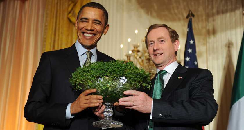 17/3/2011.Taoiseach Enda Kenny In Washington. Taoiseach and Fine Gael leader Enda Kenny gives President Barack Obama a bowl of shamrock in the White House, in Washington DC on St Patricks Day. President Obama confirmed to the Taoiseach that he will visit Ireland in May of this year. This was Enda Kennys first official trip as Taoiseach to the United States of America. Photo: RollingNews.ie/DFA