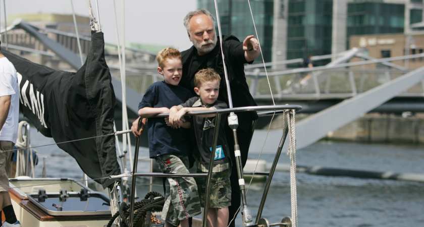 10/6/2006 Former hostage Brian Keenan with his sons Jack (8) and Cal (6) on bord the Faramir at Dublin Docks at the launch of the SPIRASI`s 2006 Tall Ship Challenge Against Tortue.The unique Tall Ship venture will start from City Quay Dublin,which will stop in ten ports around Ireland .Photo:Leon Farrell/RollingNews.ie