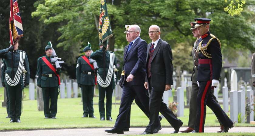26/05/2016. State Ceremony to Remember - British soldiers 1916. Pictured (lTOR) Minister for Foreign Affairs and Trade Charlie Flanagan TD and British Ambassador to Ireland Dominick Chilcott today laying a wreath at a state ceremony to remember the British soldiers who died during the Easter Rising. The ceremony took place in Grangegorman Military Cemetery where many of the soldiers are buried. The ceremony included readings of accounts of the Rising, music and prayersas well as a wreath-laying ceremony followed by a minute of silent reflection and a pipers lament, and the raising of the National Flag to full mast. Photo: Sam Boal/Rollingnews.ie 