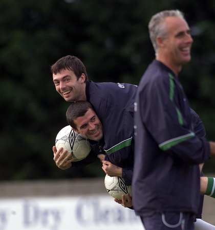 World Cup Qualifier 4/10/2001 Republic of Ireland Training Gary Breen and Roy Keane Mandatory Credit ©INPHO/Andrew Paton