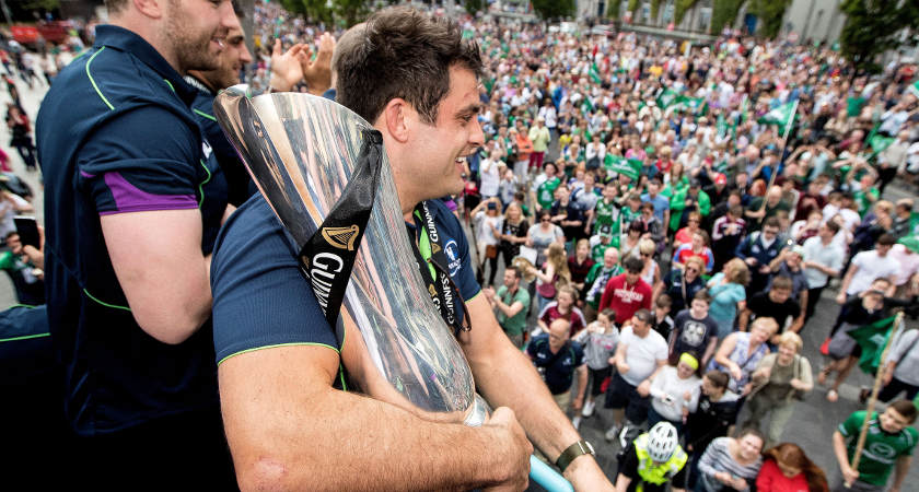 Connacht Rugby Team Homecoming, Galway 29/5/2016 Ronan Loughney with the trophy in Eyre Square Mandatory Credit ©INPHO/James Crombie