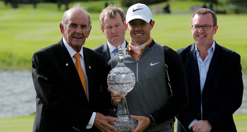 2016 Dubai Duty Free Irish Open Day 4, The K Club, Co. Kildare 22/5/2016 Rory McIlroy is presented with The Irish Open Trophy by Colm McLoughlin of Dubai Duty Free Mandatory Credit ©INPHO/Donall Farmer