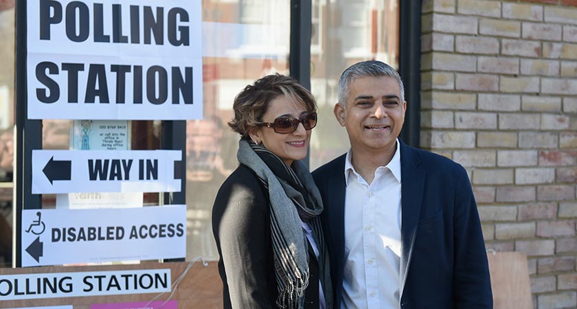 LONDON, ENGLAND - MAY 05: Labour Party Mayoral candidate Sadiq Khan and his wife Saadiya pose outside The Richardson Hall St Alban's Church Centre in Streatham after casting their votes in London's Mayoral and Assembly elections on May 5, 2016 in London, England. This is the fifth mayoral election since the position was created in 2000. Previous London Mayors are Ken Livingstone for Labour and more recently Boris Johnson for the Conservatives. The main candidates for 2016 are Sadiq Khan, Labour, Zac Goldsmith , Conservative, Sian Berry, Green, Caroline Pidgeon, Liberal Democrat, George Galloway, Respect, Peter Whittle, UKIP and Sophie Walker, Woman's Equality Party. Results will be declared on Friday 6th May. (Photo by Mary Turner/Getty Images)