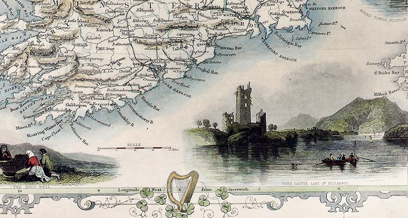 Ireland old map. Created by John Tallis, published on Illustrated Atlas, London 1851