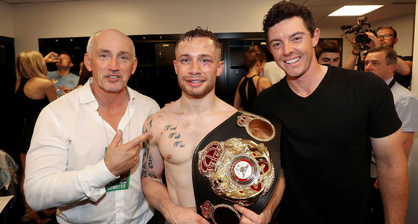 Barry McGuigan, Carl Frampton and Rory McIlroy celebrate Frampton's win in his dressing room [©INPHO/Presseye/William Cherry]
