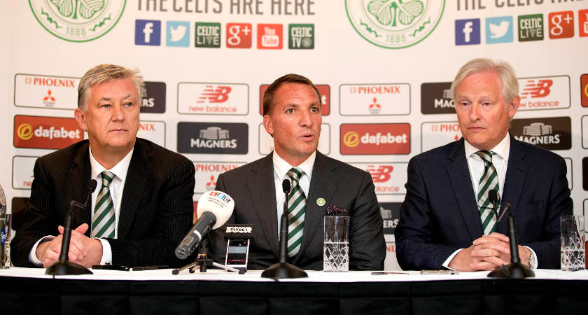 Rodgers with Peter Lawwell Chief Executive (left) and Celtic Chairman Iain Bankier (Photo by Steve Welsh/Getty)
