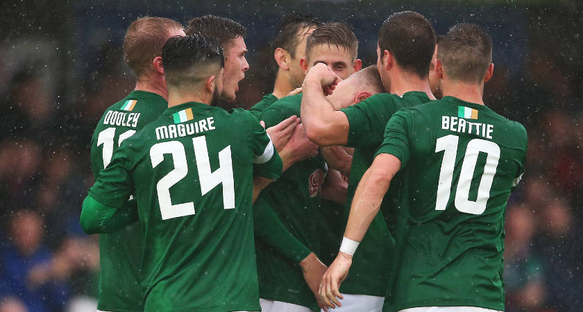 Cork City players congratulate teammate Kevin O’Connor after scoring a goal [©INPHO/Cathal Noonan]