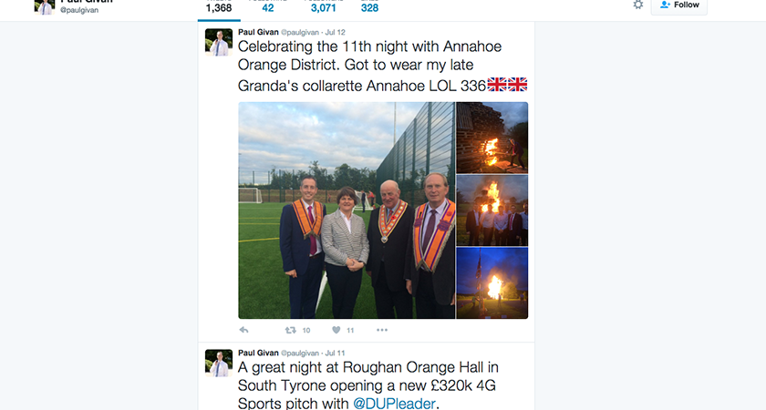 Minister Paul Givan pictured at a loyalist bonfire