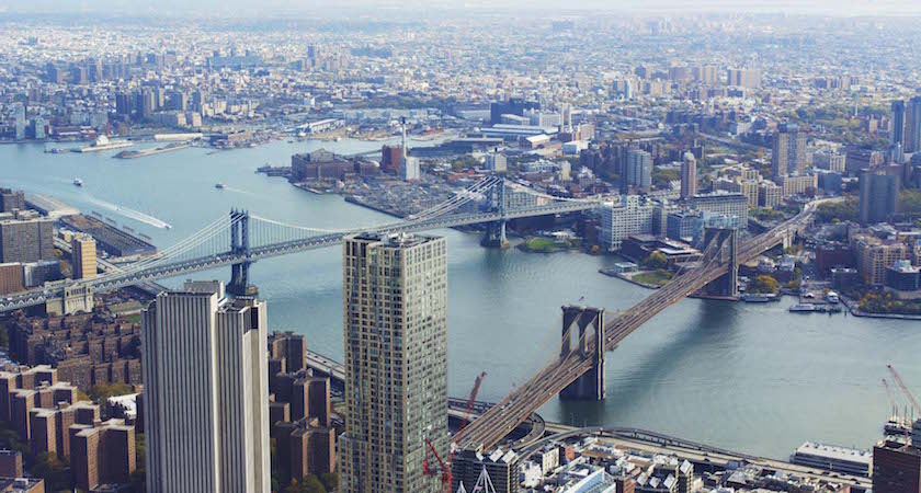 New York City, NY, United States of America. Aerial view of the Brooklyn and Manhattan Bridge as seen from the World Trade Center. October 2015.