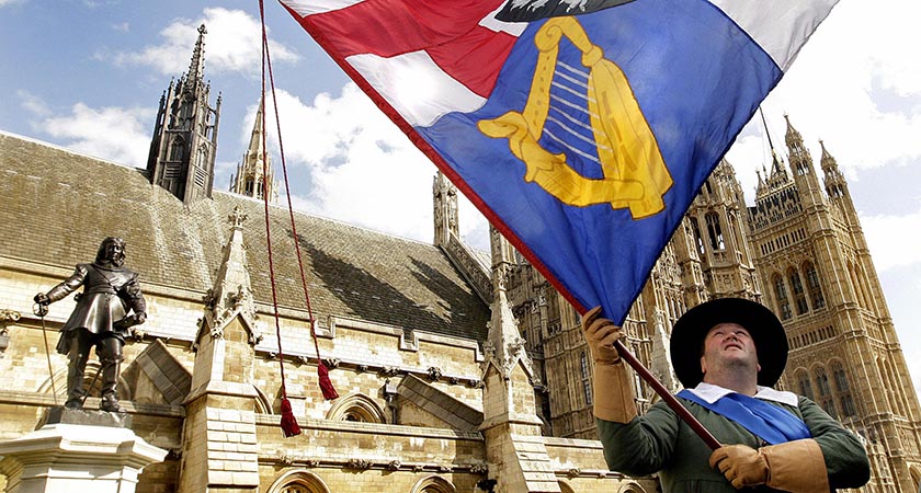 'Roundhead Soldiers' and members of the Cromwell Association gather outside The Houses of Parliament in London, (Photo credit should read SHAUN CURRY/AFP/Getty Images)