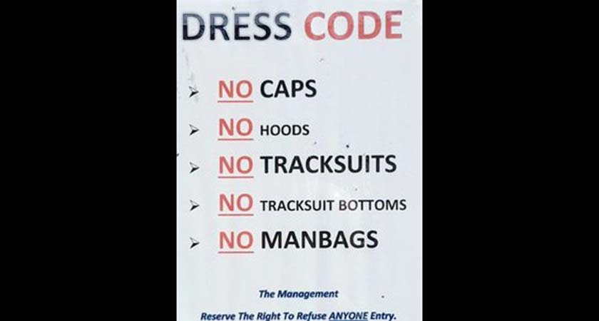 The Kerryman Pub in Digbeth, Birmingham has the above sign outside their premises banning manbags. 