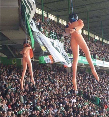An image allegedly showing hanging effigies wearing Rangers scarves at Celtic Park