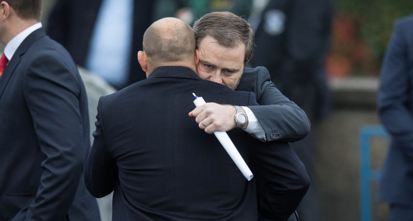 Ireland captain Rory Best and Marcus Horan embrace before the funeral of Munster Rugby head coach Anthony Foley Mandatory Credit [©INPHO/Ryan Byrne]