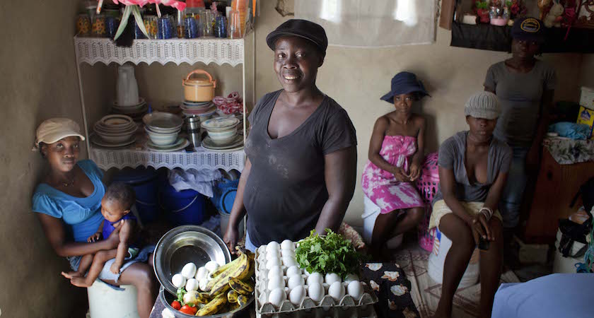 Suzzanne Vil, has her own business selling eggs in Carrefour, Port au Prince, Haiti. Nancy, 22 (big blue hat) Christela, 18 (holding the baby) Miralda, 17 (had a baseball cap on) Shedna, 16 (had on a grey hat) Grandson (son of Chrsitela): Woodmiley, 4 months