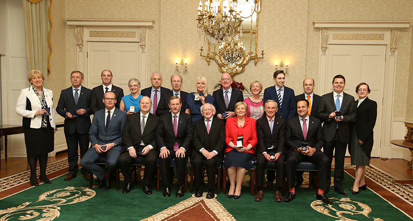 06/05/2016. New Cabinet General Election 2016. President of Ireland Micheal D Higgins with Fine Gael leader and newly elected Taoiseach Enda Kenny and the new cabinet after getting their Seals Of Office at Aras an Uachtarain. Photo:Sam Boal /RollingNews.ie