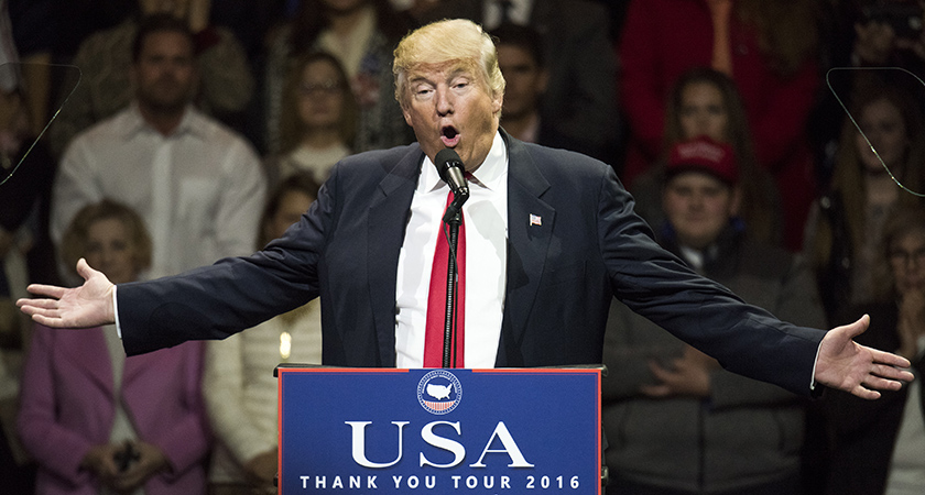 CINCINNATI, OH - DECEMBER 01: President-elect Donald Trump speaks during a stop at U.S. Bank Arena on December 1, 2016 in Cincinnati, Ohio. Trump took time off from selecting the cabinet for his incoming administration to celebrate his victory in the general election. (Photo by Ty Wright/Getty Images)