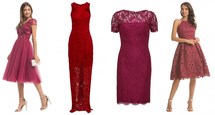 From left, Chi Chi London berry Madeleine dress; D.Anna red cross front lace maxi dress; Gina Bacconi bright wine acallop eyelash lace dress; Chi Chi London burgundy baroque-style Laurie tea dress