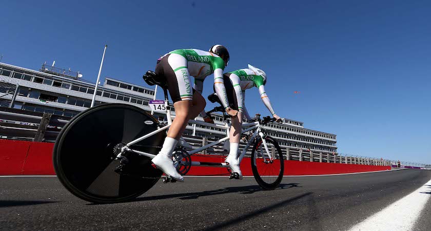 LONGFIELD, ENGLAND - SEPTEMBER 05: Katie George Dunlevy and Sandra Fitzgerald of Ireland compete in the Women's Individual B Time Trial on day 7 of the London 2012 Paralympic Games at Brands Hatch on September 5, 2012 in Longfield, England. (Photo by Clive Rose/Getty Images)