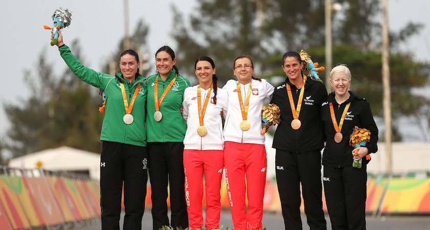 RIO DE JANEIRO, BRAZIL - SEPTEMBER 17: L to R, Evelyn McCrystal and Katie George Dunlevy of Ireland (silver), Aleksandra Teclaw and Iwona Podkoscielna of Poland (gold) and Laura Thompson and Emma Foy of New Zealand (bronze) pose with their medals after the Women's Road Race B on day 10 of the Rio 2016 Paralympic Games at Pontal on September 17, 2016 in Rio de Janeiro, Brazil. (Photo by Hagen Hopkins/Getty Images for the New Zealand Paralympic Committee)