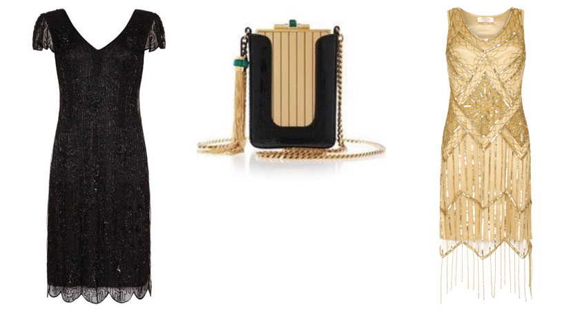 Black Downton Abbey vintage-Inspired flapper dress, left, and gold Isobel vintage-Inspired fringe dress, right, both from Gatsbylady London. Accessorise with a bag like this Gucci Garcon gold-tone clutch