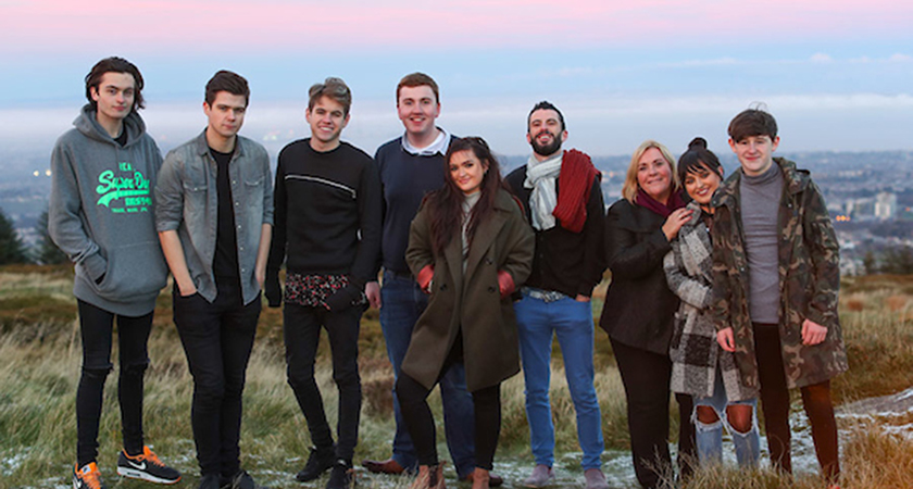 Some of the artists involved in the project. From left to right, Set Barron, Eoghan MacMahon, Richie Power, director Gavin Coll, XXX, Brian Keville, Mary Byrne, and Ashlee and Rob Scanlon. 