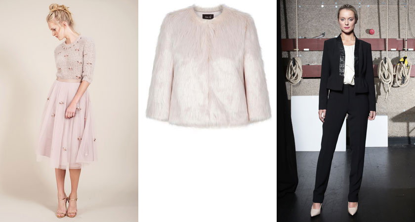  From left, jumper and tulle skirt from Darling London; faux fur jacket from Fee G; black jacket and trousers and cream blouse from Caroline Kilkenny