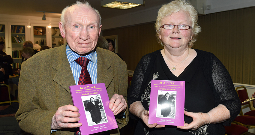 Patricia Herron is pictured with poet Scots / Irish Eddie Linden, an old friend of Madge, who officially launched the book in London. 